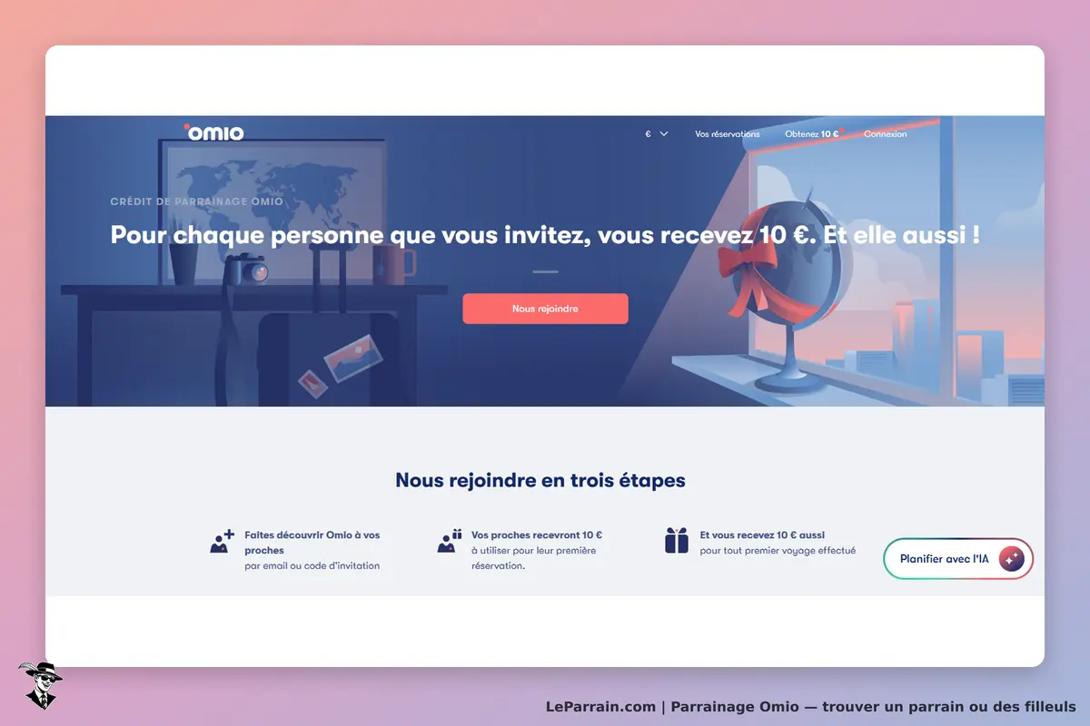 Omio : page d'accueil avec globe terrestre, bouton "Nous rejoindre" et étapes de parrainage