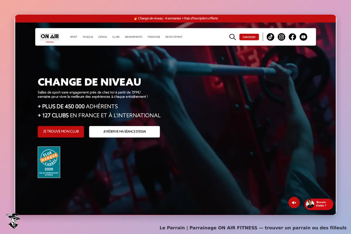 ON AIR FITNESS : page d'accueil avec un homme soulevant une barre en salle de sport