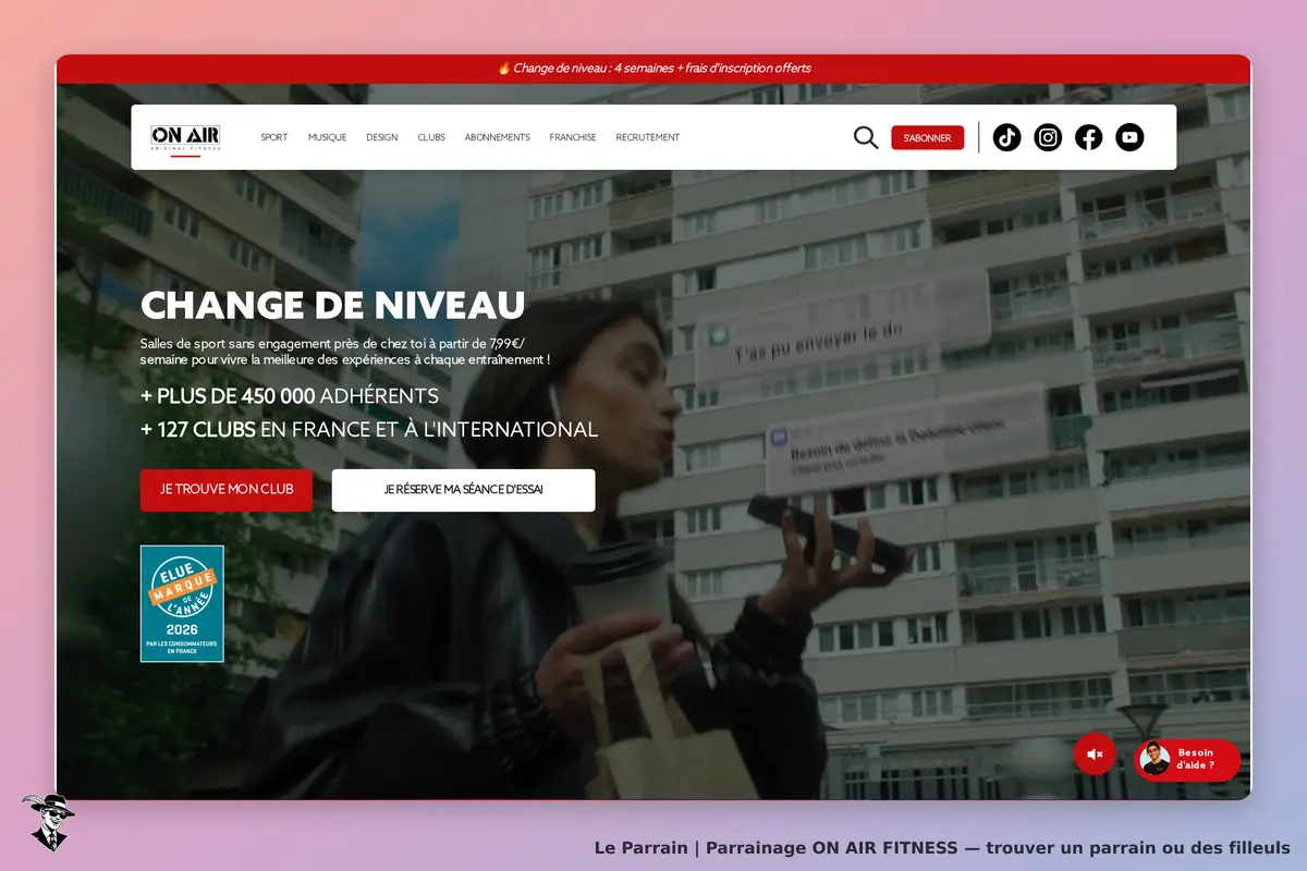 ON AIR FITNESS : page d'accueil présentant un message sur le changement de niveau et une femme