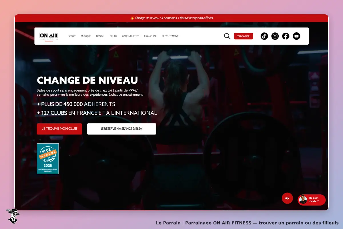 ON AIR FITNESS : page d'accueil avec un slogan sur les salles de sport et des boutons d'action