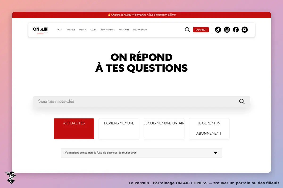 ON AIR FITNESS : page d'accueil avec un champ de recherche et des boutons d'accès aux actualités