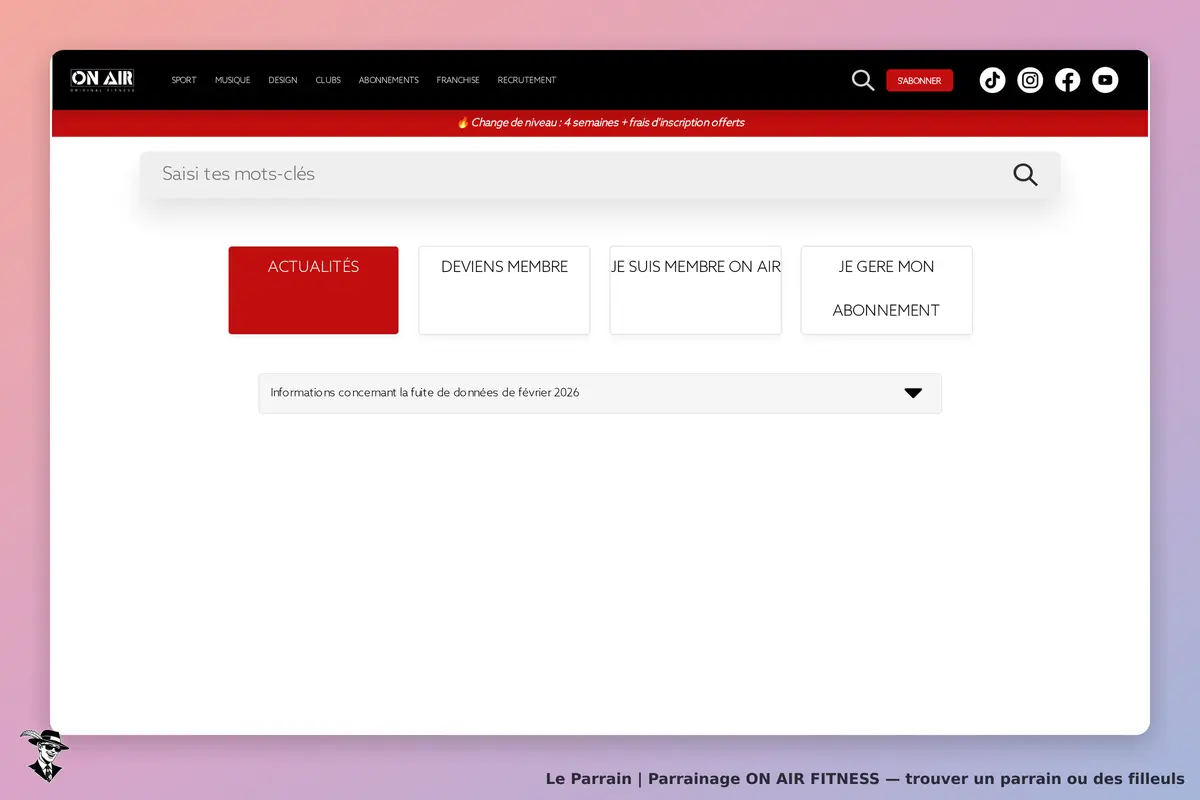 ON AIR FITNESS : page d'accueil avec menu et options pour devenir membre et gérer son abonnement