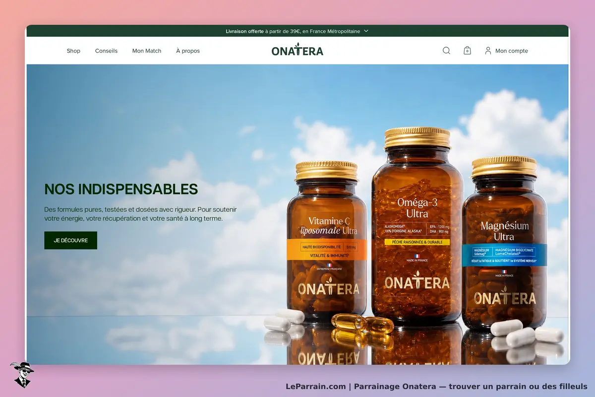 Onatera : trois flacons de compléments alimentaires sur fond de ciel bleu avec nuages