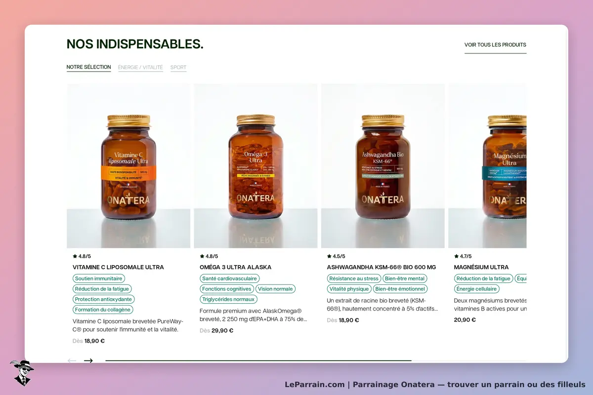 Onatera : affichage de quatre produits de santé avec notes et descriptions