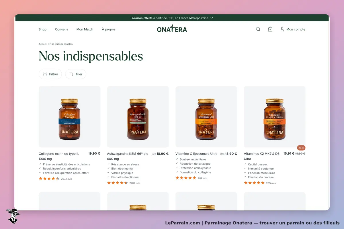 Onatera : page affichant des produits de santé avec des bouteilles et des évaluations d'avis