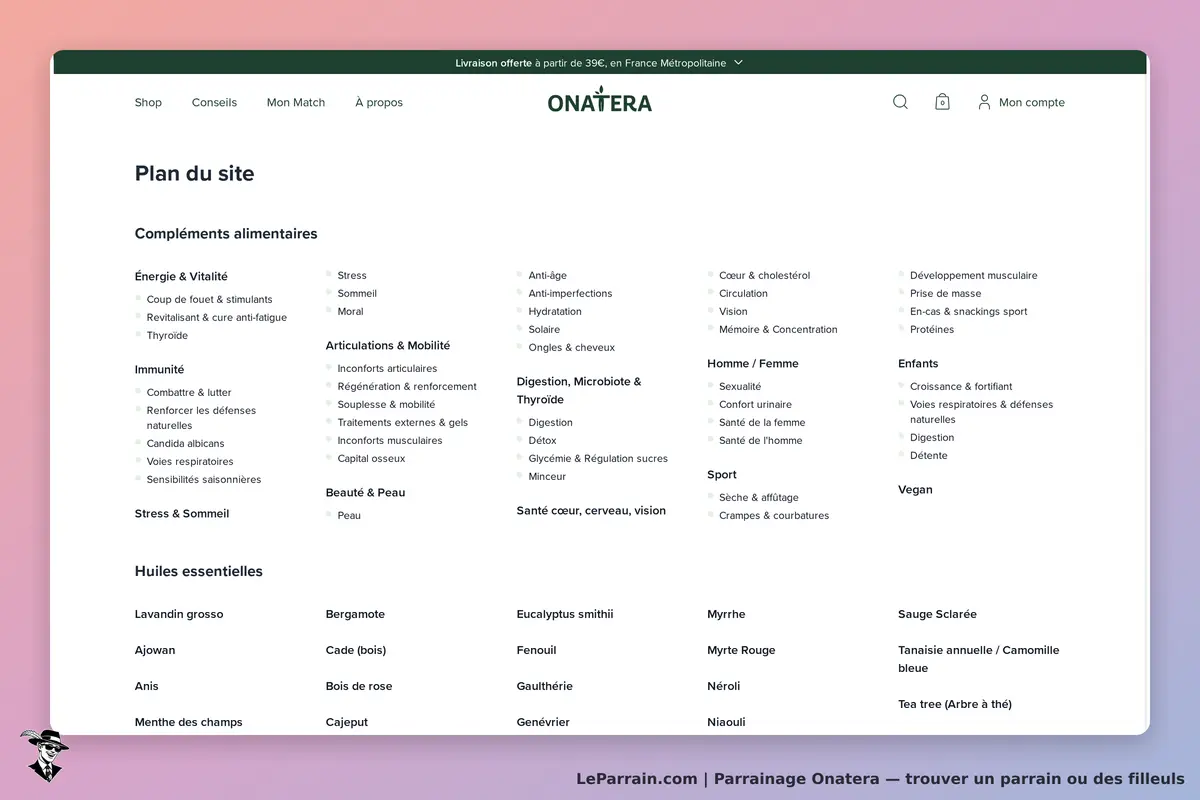 Onatera : plan du site avec catégories de compléments alimentaires et huiles essentielles