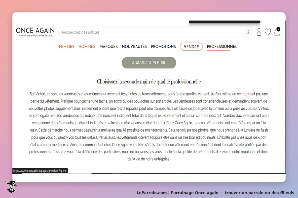 ONCE AGAIN : page dédiée à la vente de vêtements de seconde main, texte explicatif visible