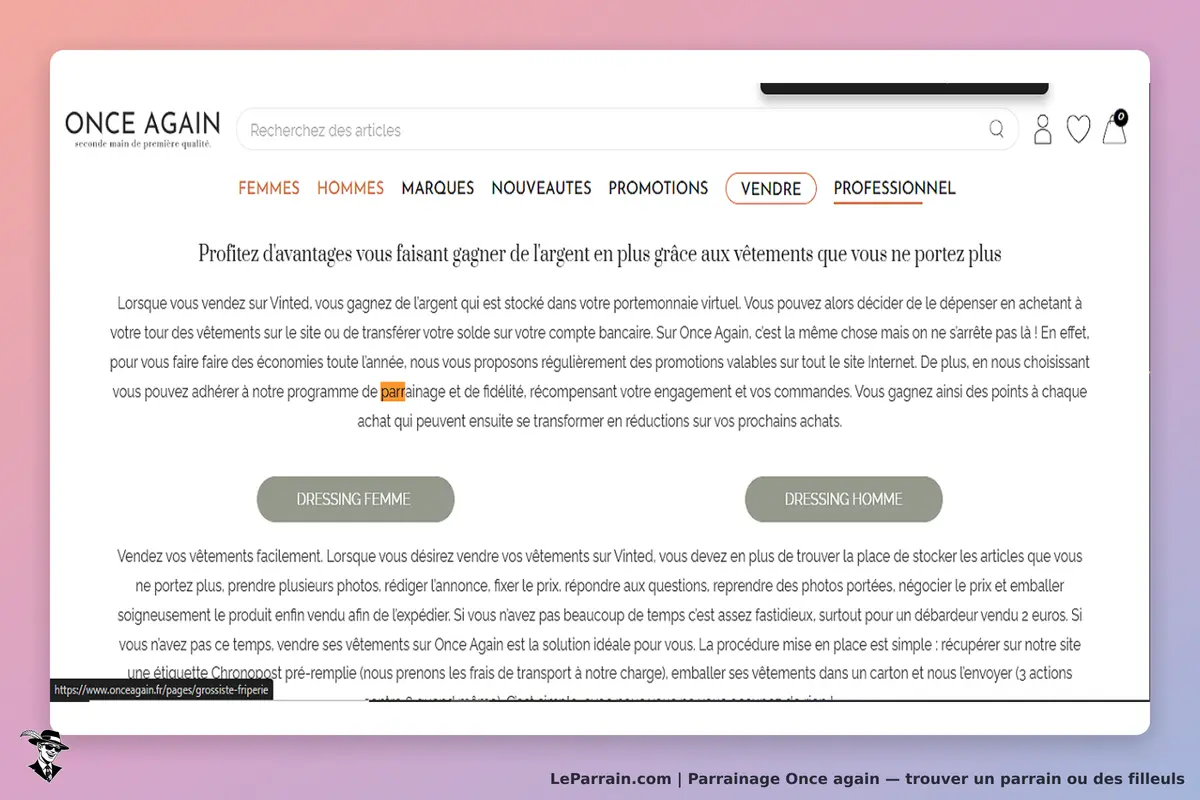 ONCE AGAIN : page d'accueil avec texte sur la vente de vêtements et liens vers les catégories