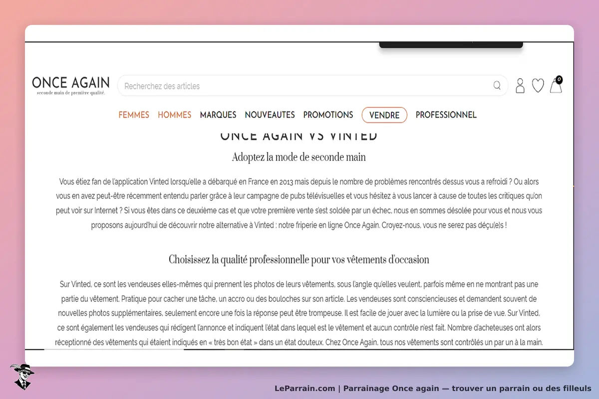 ONCE AGAIN : page présentant une comparaison entre Once Again et Vinted pour la vente de vêtements