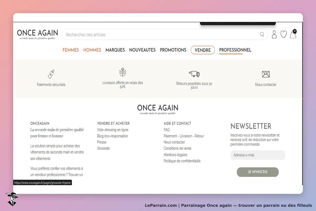 Once Again : page d'accueil avec options de vente, informations et inscription à la newsletter