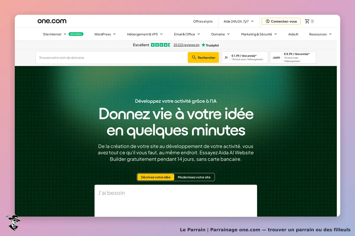 one.com : page d'accueil avec un formulaire pour créer un site et un message d'invitation