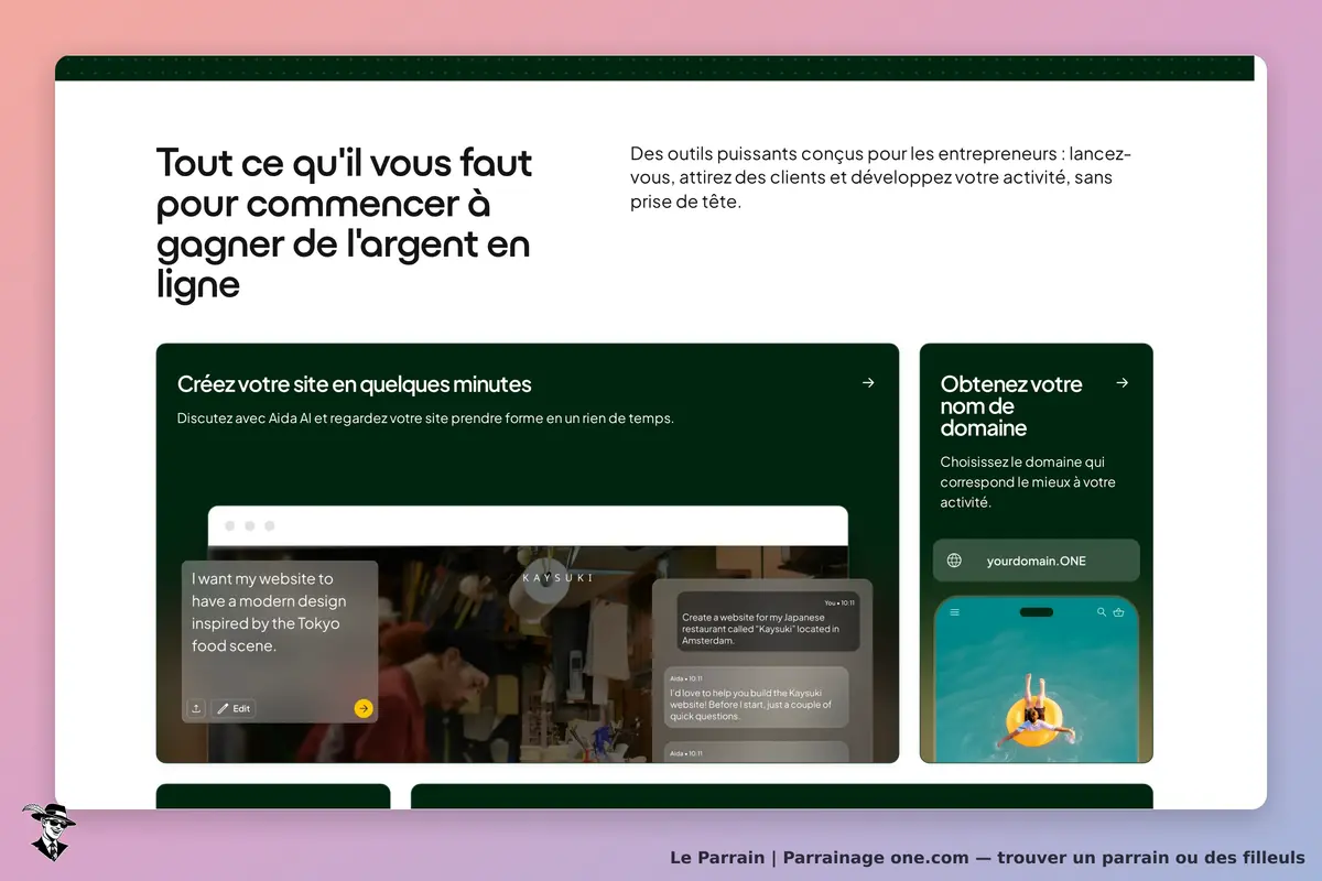 one.com : page d'accueil présentant des outils pour créer un site et obtenir un nom de domaine