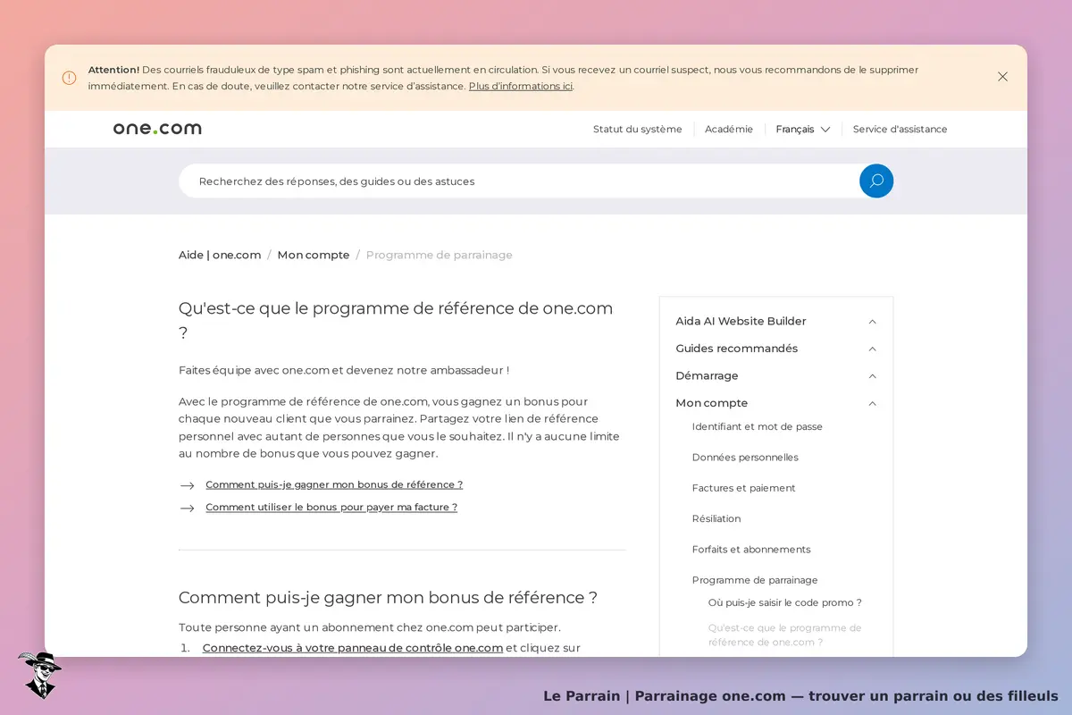 one.com : page d'aide sur le programme de parrainage avec options de navigation à gauche