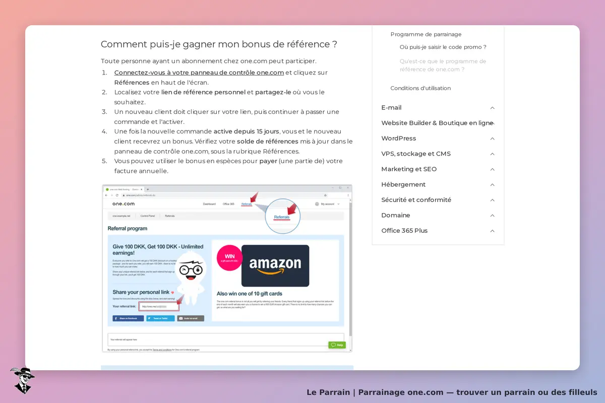 one.com : instructions pour gagner un bonus de parrainage et aperçu du panneau de contrôle