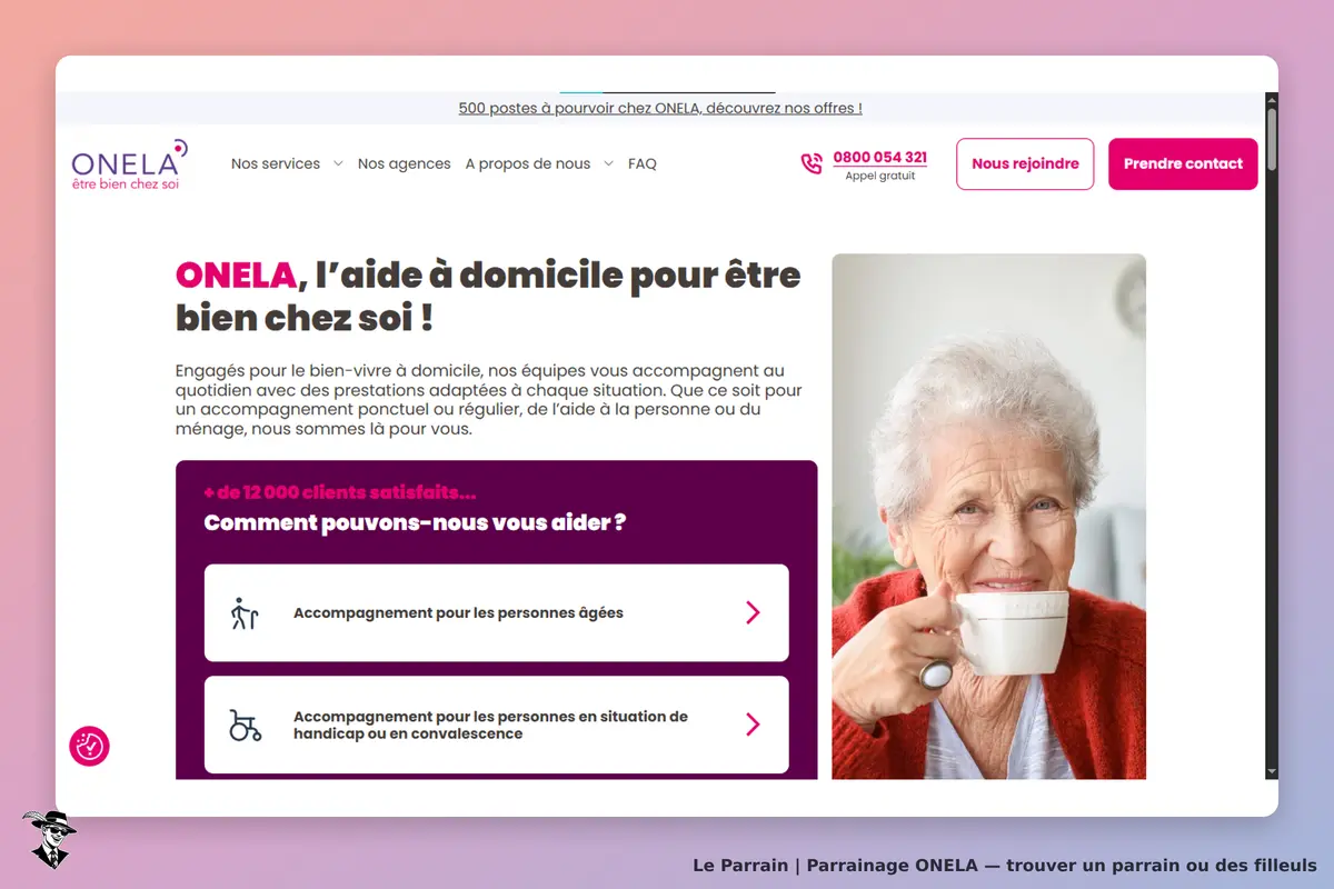 ONELA : page d'accueil présentant des services d'aide à domicile avec une photo d'une personne âgée