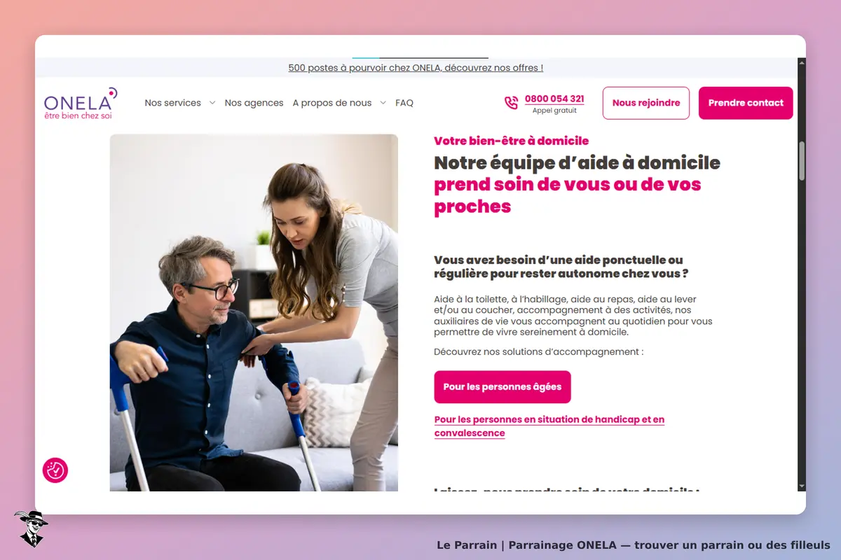 ONELA : page d'accueil avec une aide à domicile et un senior utilisant des béquilles