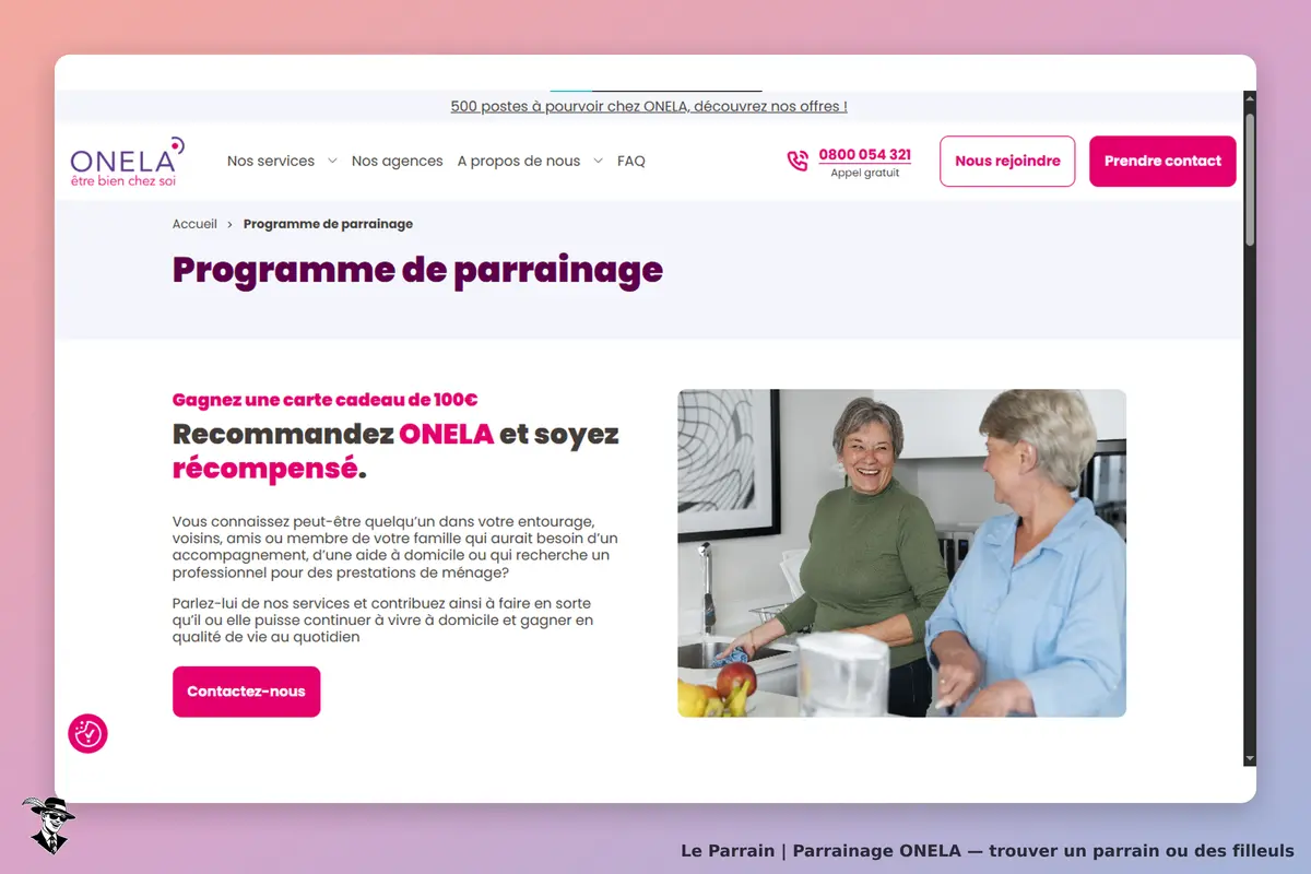 ONELA : page d'accueil avec programme de parrainage et images de deux femmes souriantes