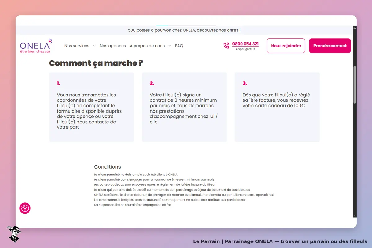 ONELA : explication du fonctionnement du parrainage avec trois étapes illustrées