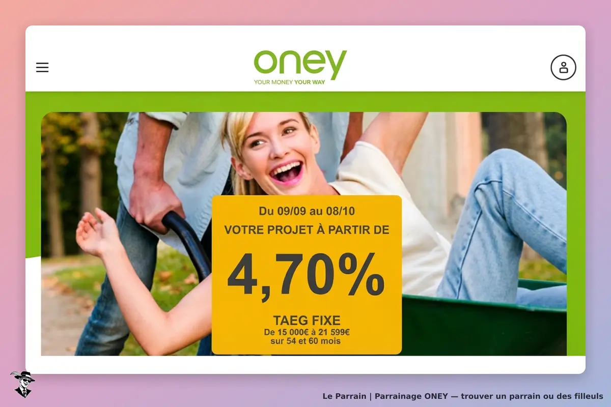 ONEY : page d'accueil avec une femme souriante et un message promotionnel visible