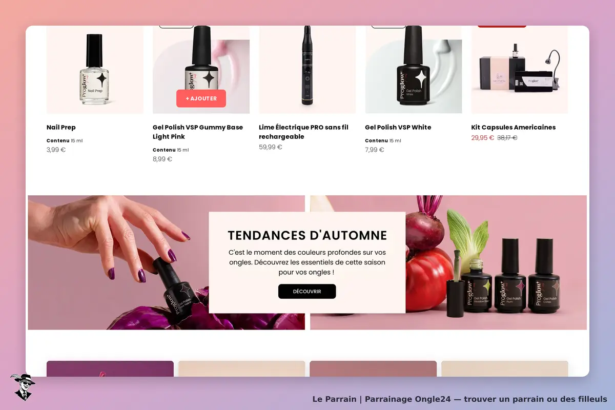 Ongle24 : page d'accueil avec divers produits de manucure et une section sur les tendances