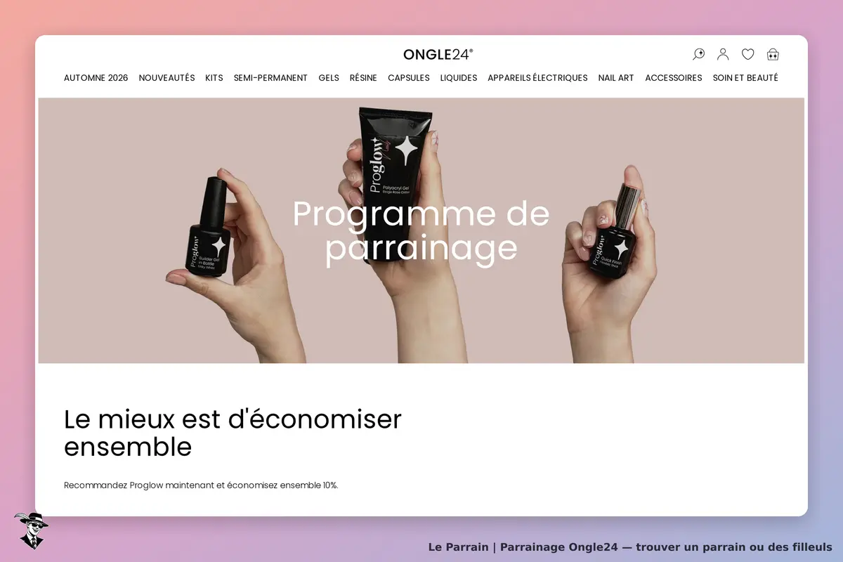 Ongle24 : page d'accueil avec des flacons de vernis et un message sur le parrainage