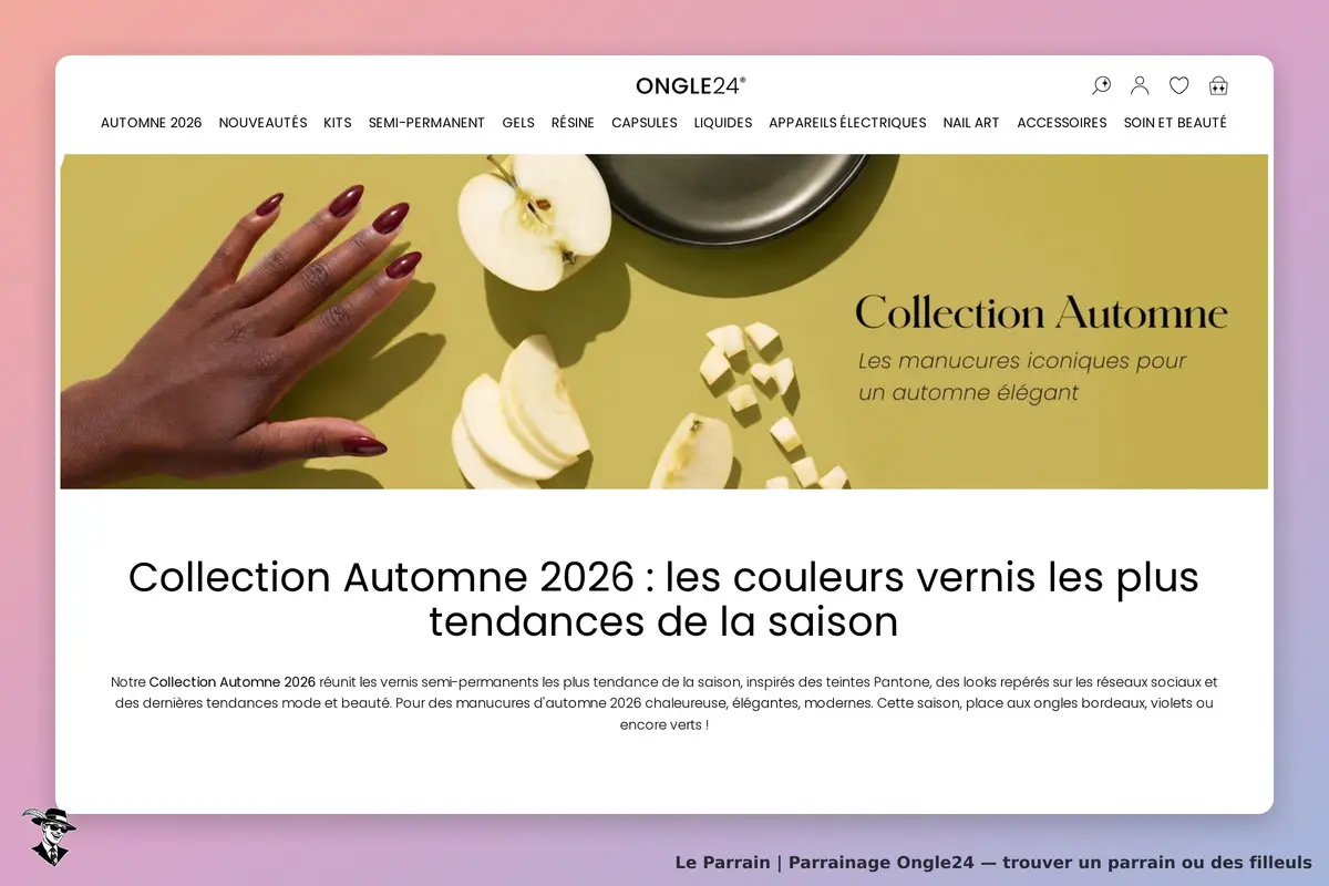 Ongle24 : main féminine avec vernis bordeaux sur fond de pommes et éléments graphiques