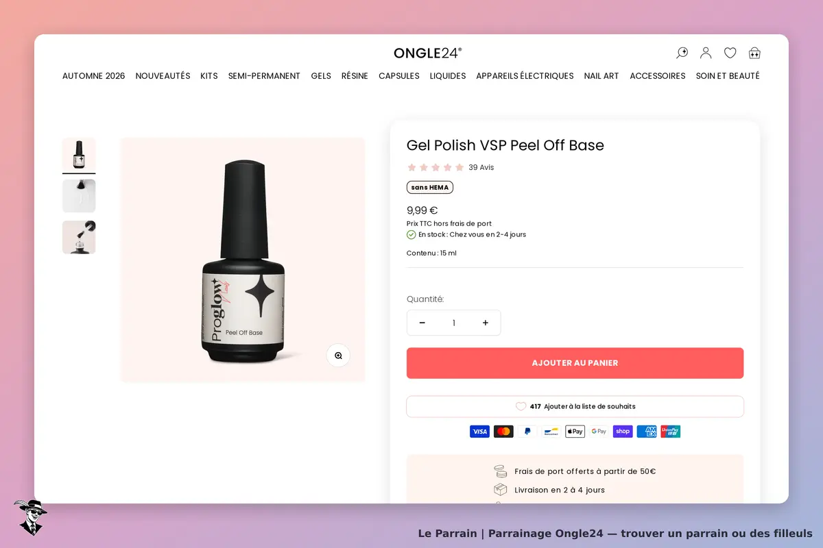 Ongle24 : page produit affichant un vernis gel noir avec informations et options d'achat