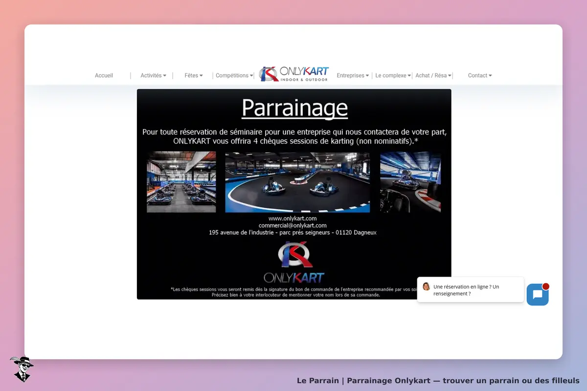 Onlykart : page d'accueil présentant le parrainage et des images de karting en intérieur