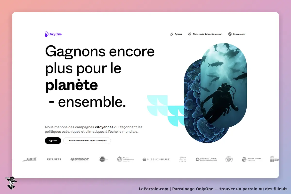 OnlyOne : page d'accueil avec slogan sur la protection de la planète et images sous-marines