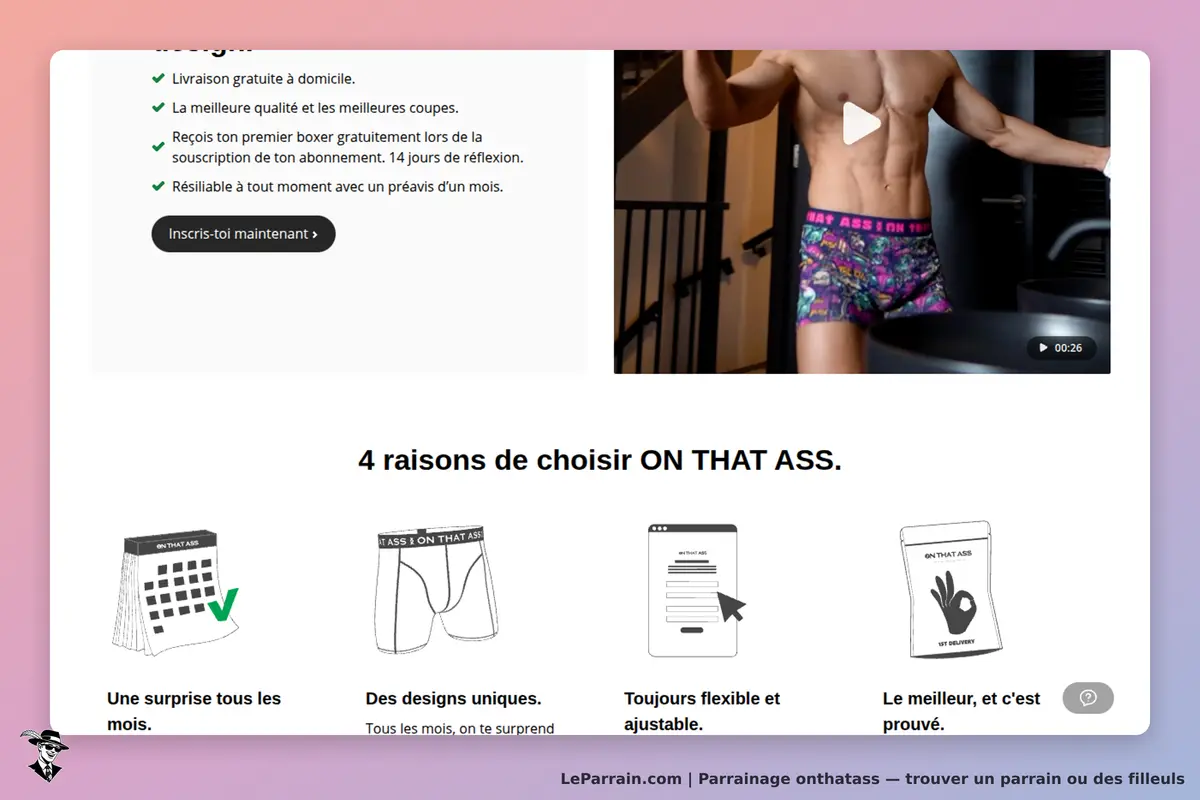 onthatass : page d'accueil avec un homme en boxer coloré et des points forts du service