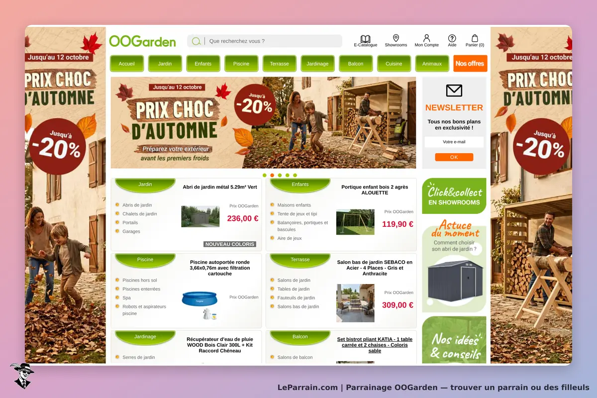 OOGarden : page d'accueil avec promotions automnales et divers produits de jardinage affichés