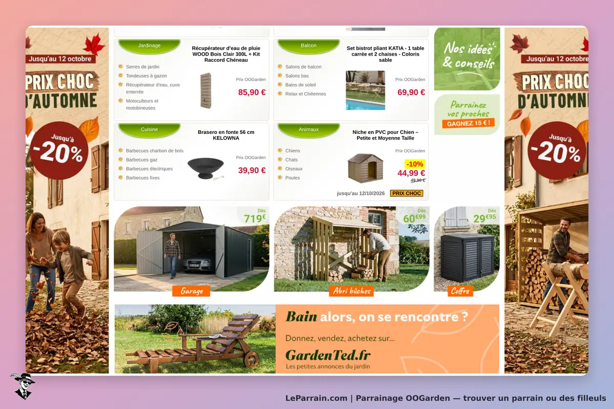 OOGarden : page d'accueil avec divers produits de jardinage et mobilier d'extérieur affichés