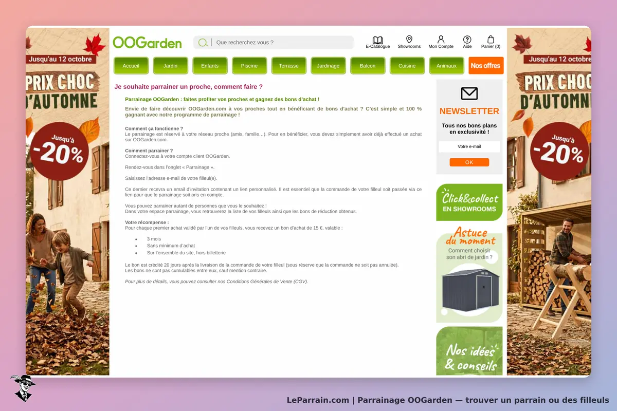 OOGarden : page d'accueil avec informations sur le parrainage et promotions d'automne