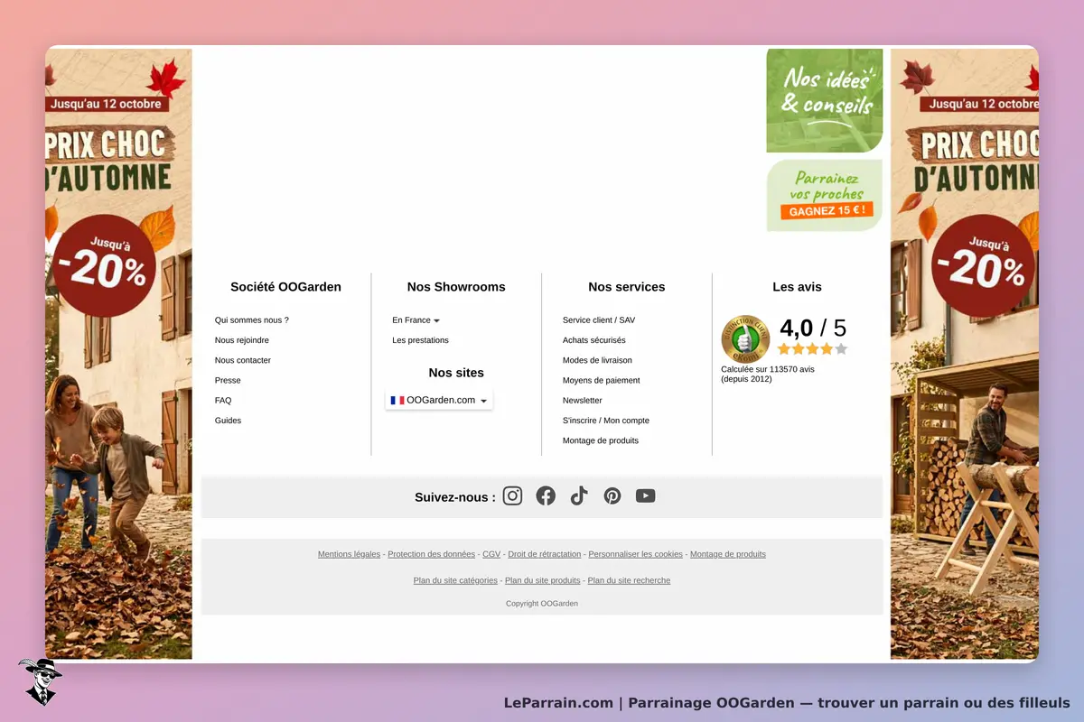 OOGarden : bas de page avec des informations sur la société et des avis clients