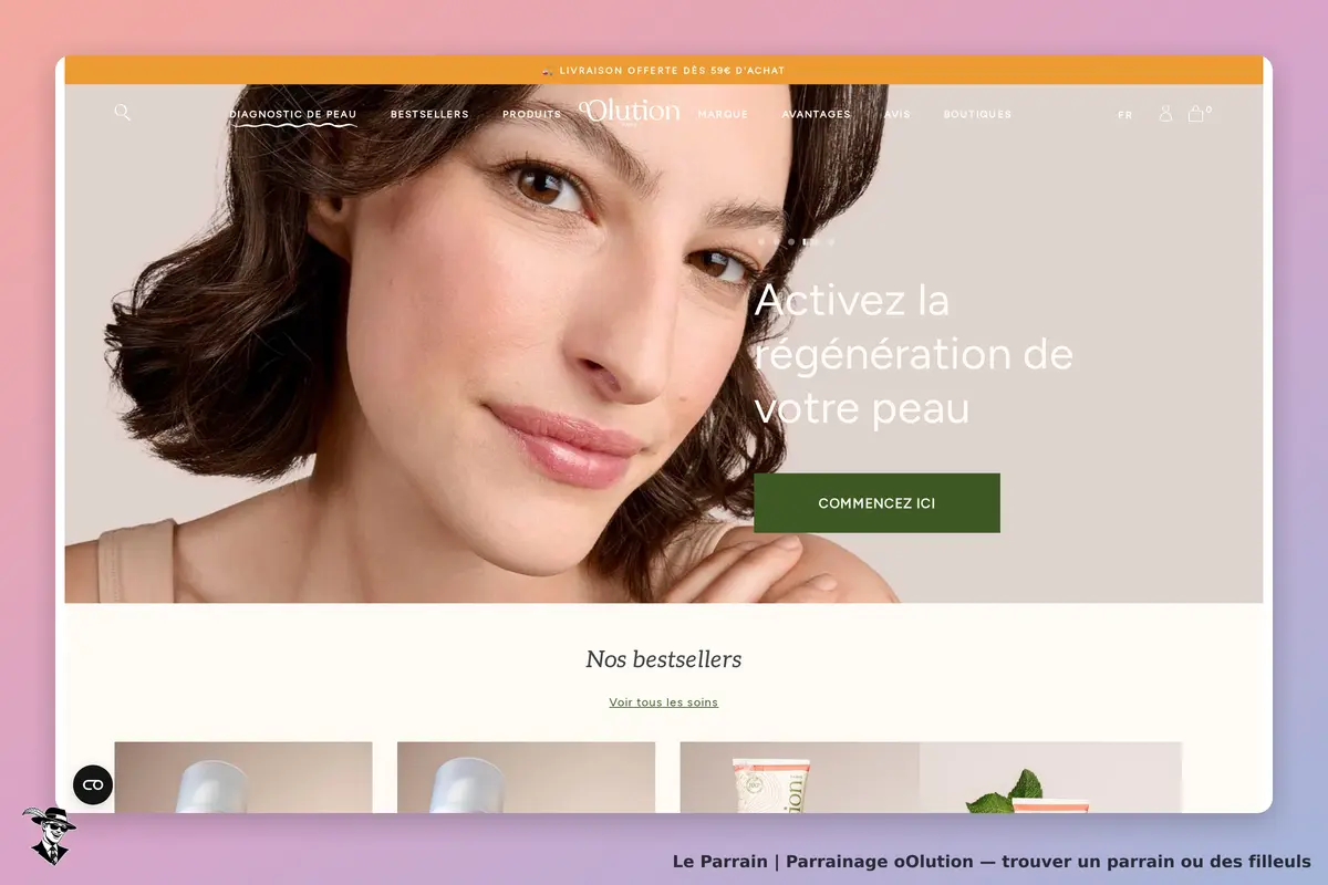 oOlution : page d'accueil avec une femme souriante et un message sur la régénération de la peau