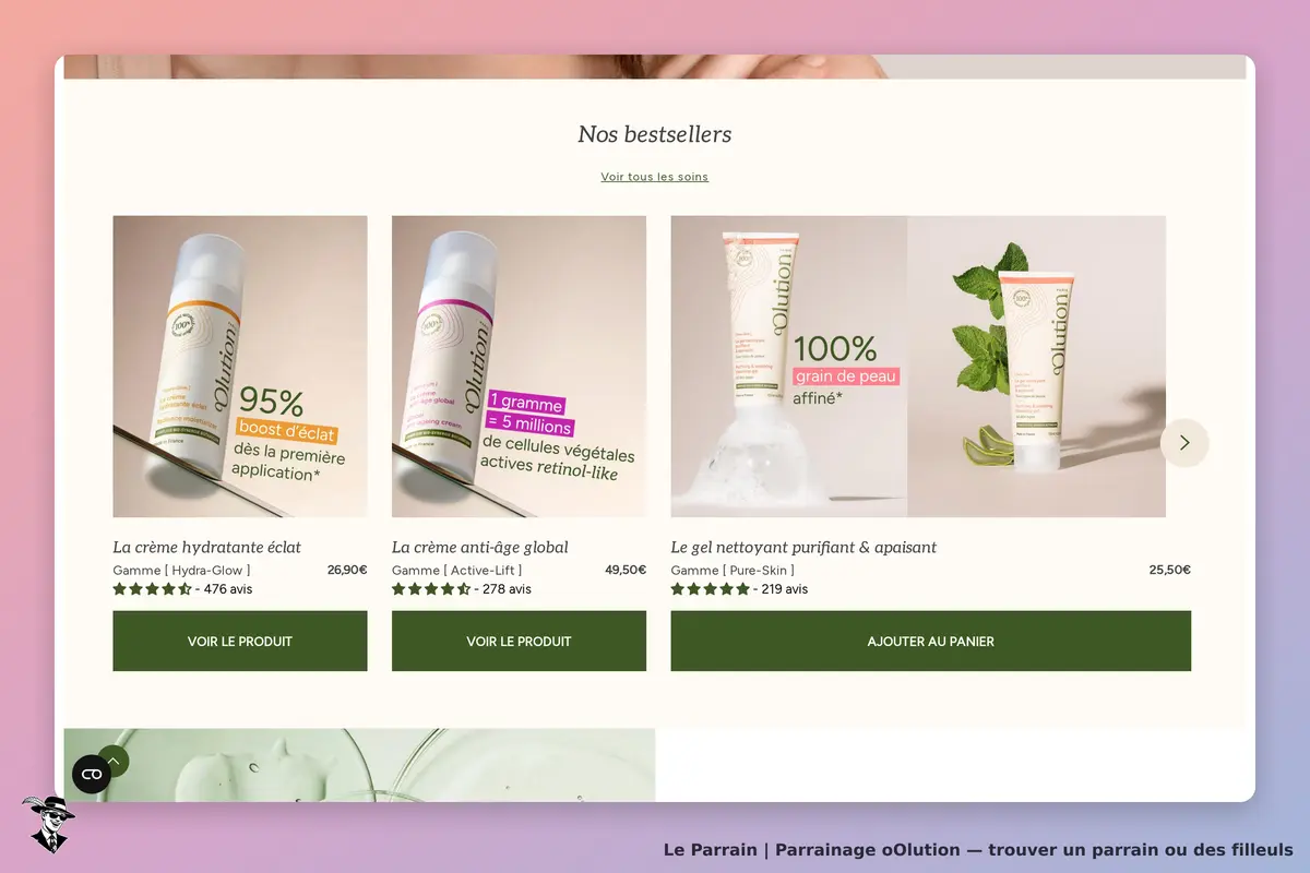 oOlution : affichage des bestsellers avec trois produits et leurs descriptions sous chaque image