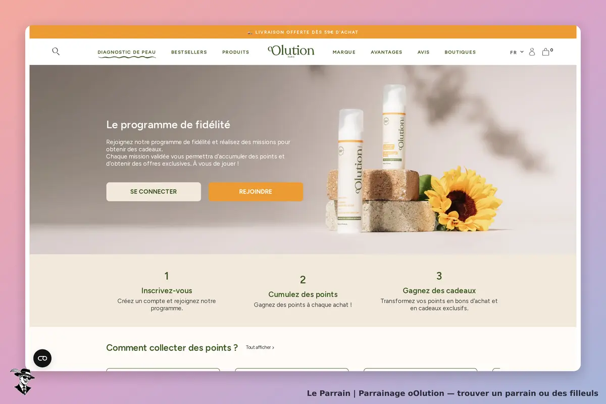 oOlution : page d'accueil avec produits, programme de fidélité et étapes pour collecter des points