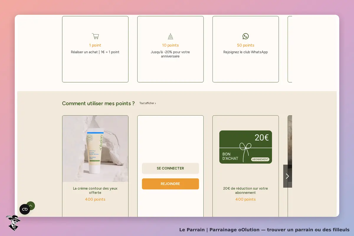 oOlution : section sur l'utilisation des points avec produits et options de connexion