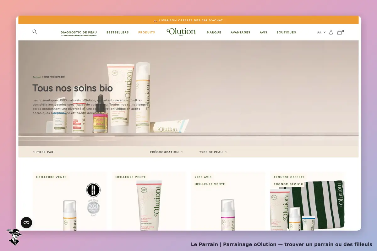 oOlution : page d'accueil présentant des soins bio avec plusieurs produits cosmétiques affichés