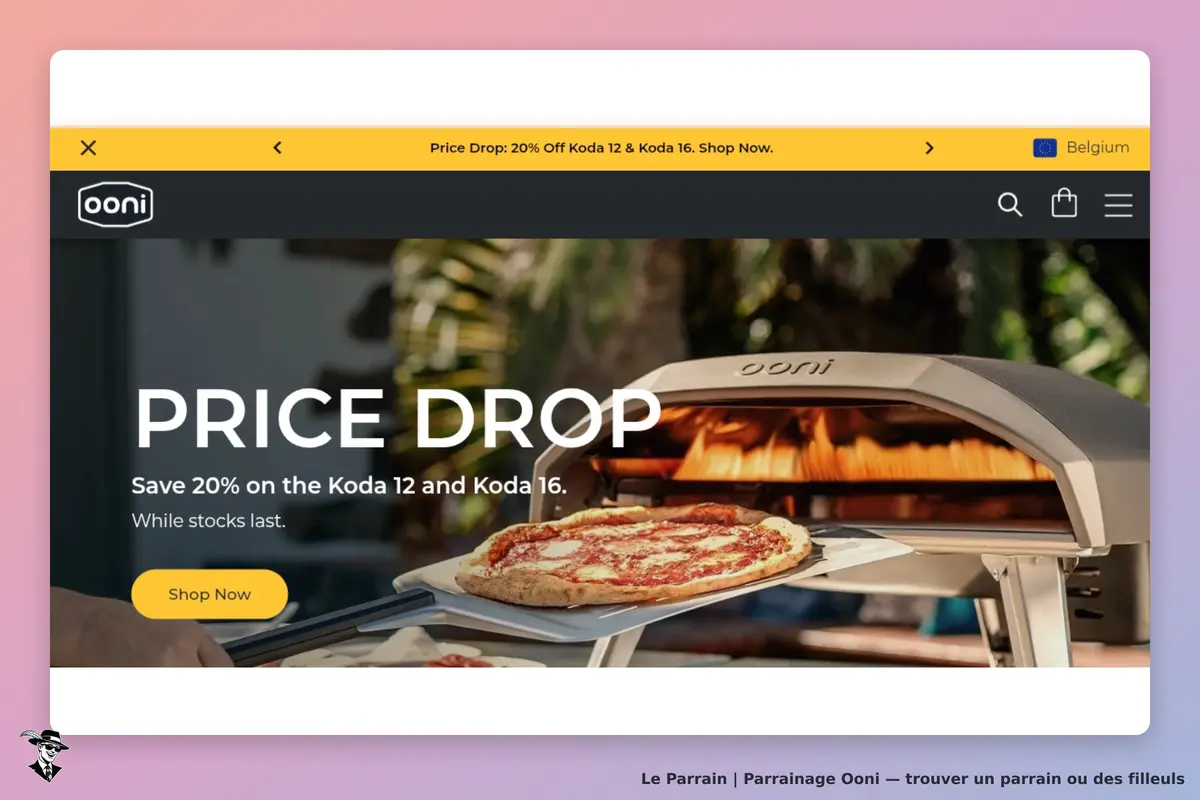 Ooni : page d'accueil avec un four à pizza et une pizza sur une pelle, texte "PRICE DROP"