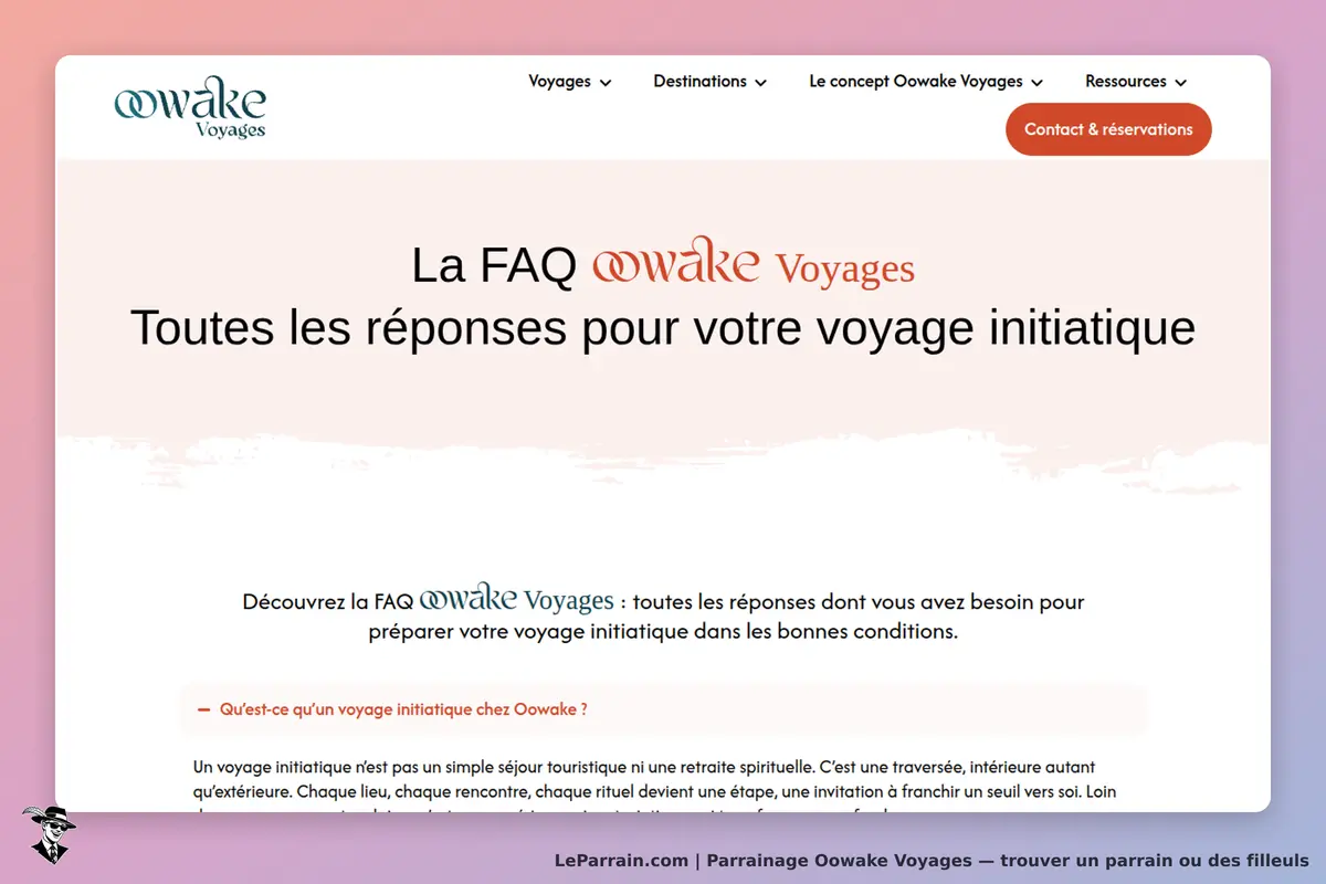 Oowake Voyages : page FAQ présentant des informations sur les voyages initiatiques