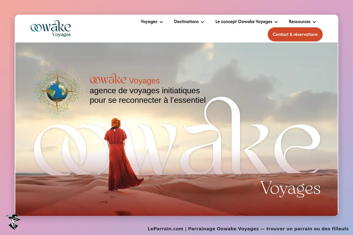 Oowake Voyages : page d'accueil avec une femme en robe rouge dans un désert, logo et slogan
