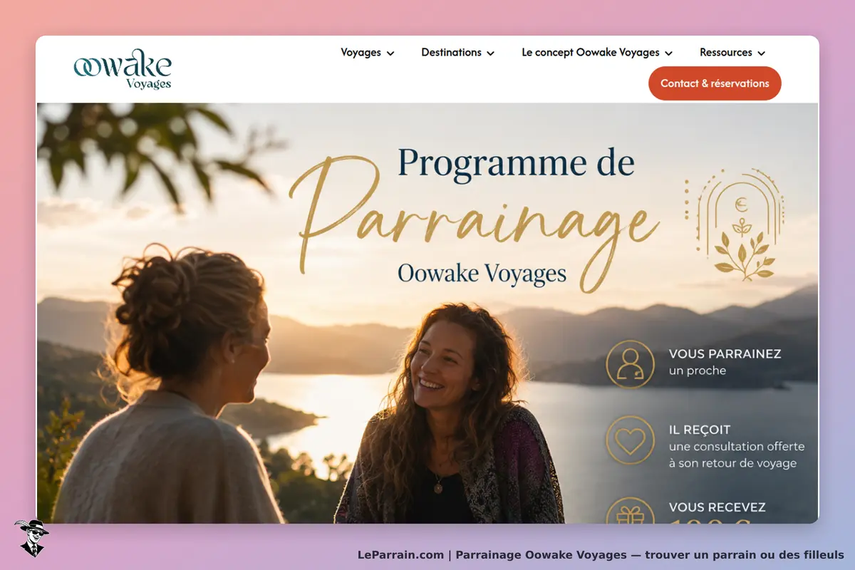 Oowake Voyages : page d'accueil présentant le programme de parrainage avec deux femmes souriantes