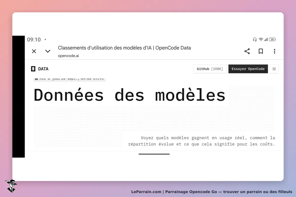 Opencode Go : page d'accueil affichant les données des modèles d'IA et des options de navigation