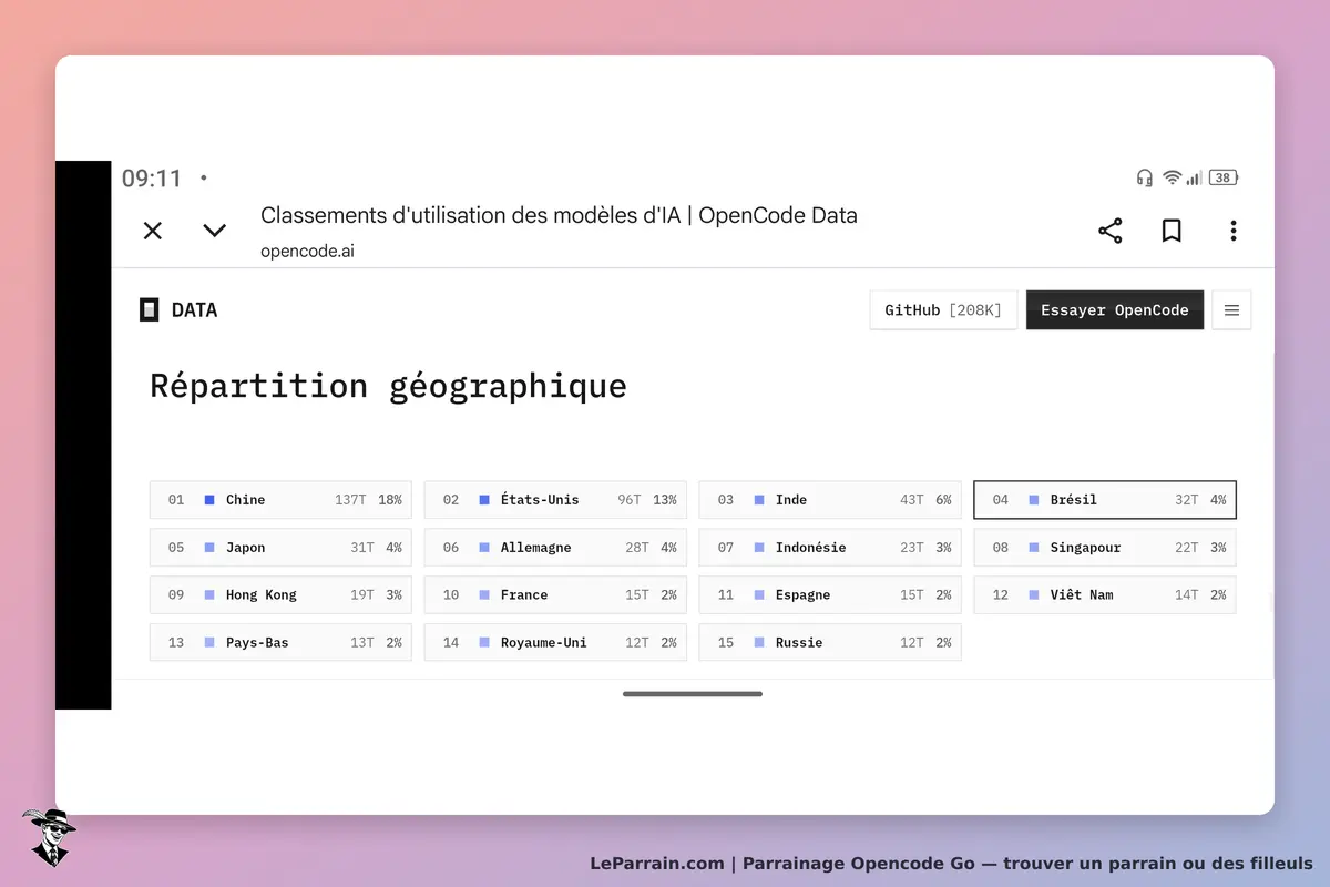 Opencode Go : tableau présentant la répartition géographique des modèles d'IA par pays