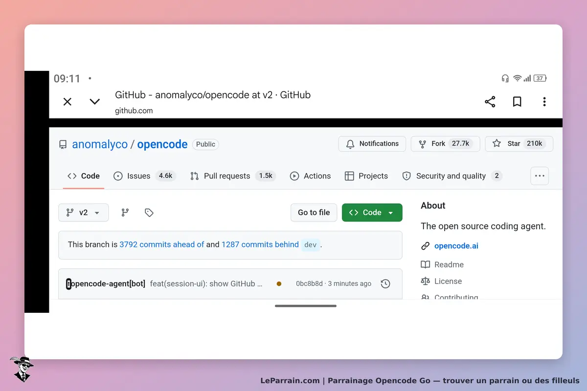 Opencode Go : gitHub : page du dépôt Opencode avec statistiques et informations sur la branche