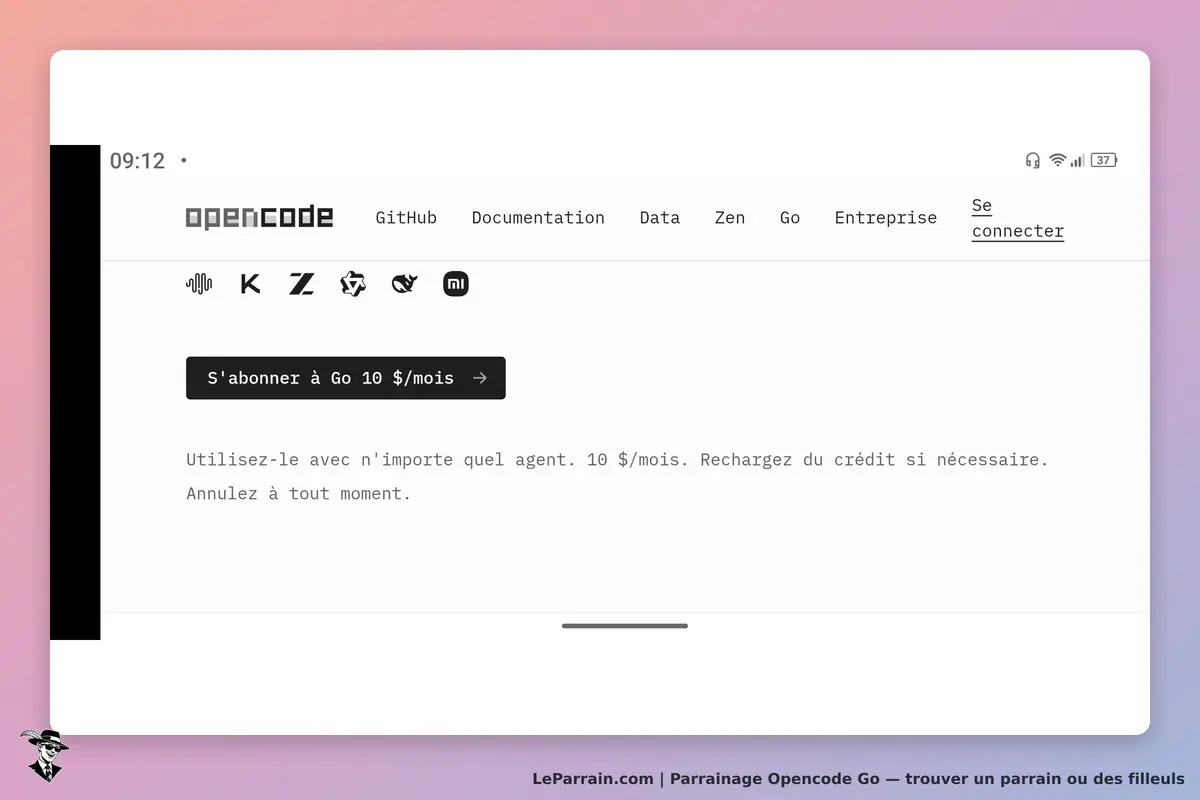 Opencode Go : page d'accueil avec bouton d'abonnement et texte explicatif