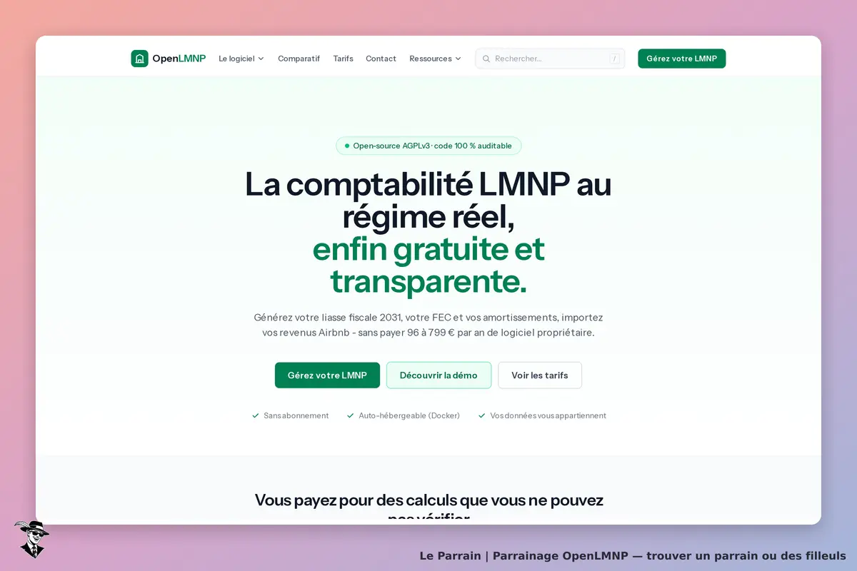 OpenLMNP : page d'accueil présentant la comptabilité LMNP et des boutons d'action