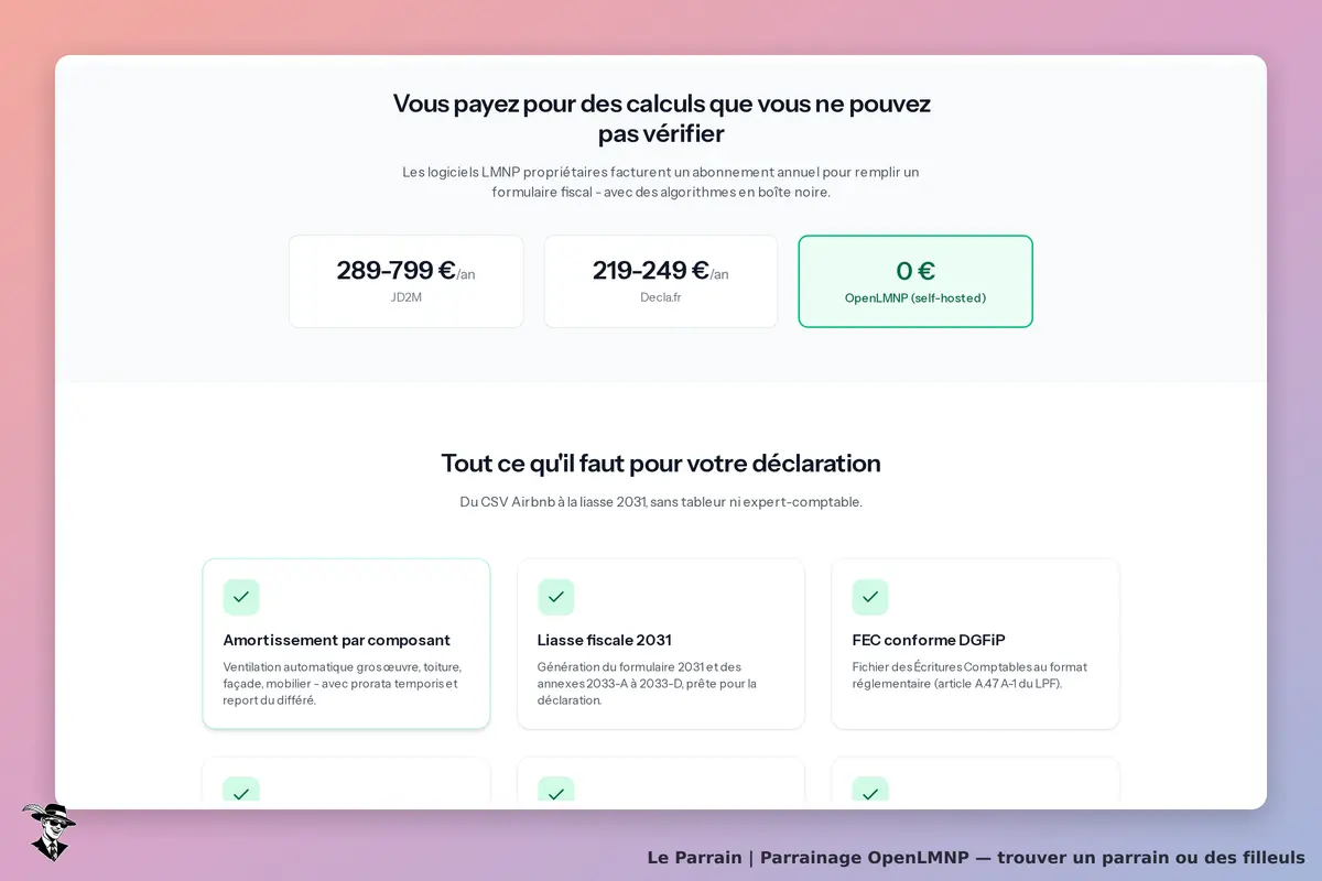 OpenLMNP : page d'accueil présentant des tarifs et des services pour déclarations fiscales