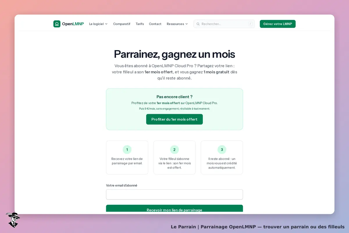 OpenLMNP : page de parrainage avec formulaire et étapes pour partager un lien de parrainage